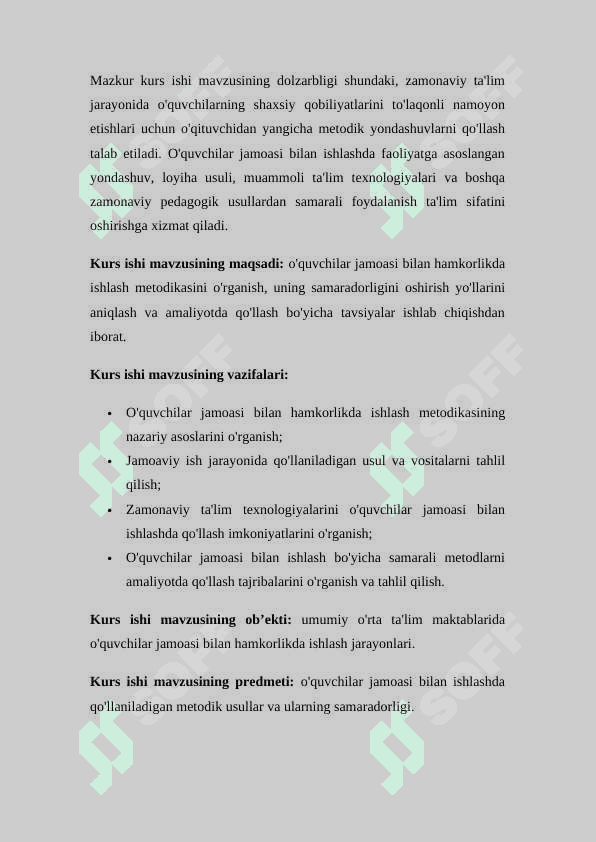 Oʼquvchilar jamoasi bilan hamkorlikda ish olib borish metodikasi KURS ISHI 4