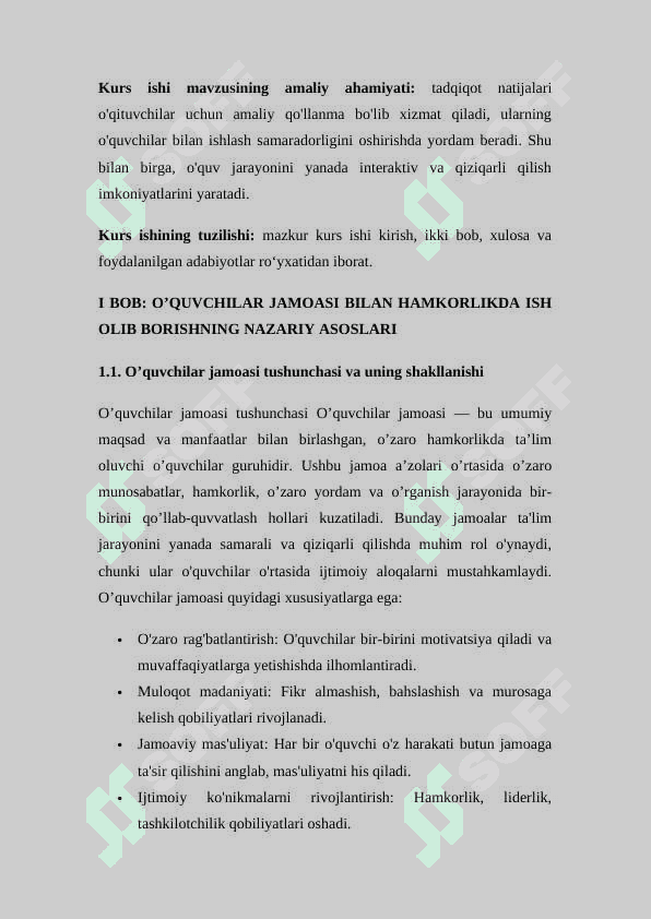 Oʼquvchilar jamoasi bilan hamkorlikda ish olib borish metodikasi KURS ISHI 5