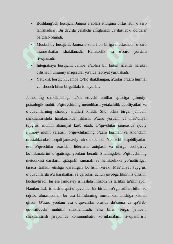 Oʼquvchilar jamoasi bilan hamkorlikda ish olib borish metodikasi KURS ISHI 7
