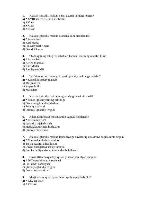 Iqtisodiy ta'limotlar tarixi test