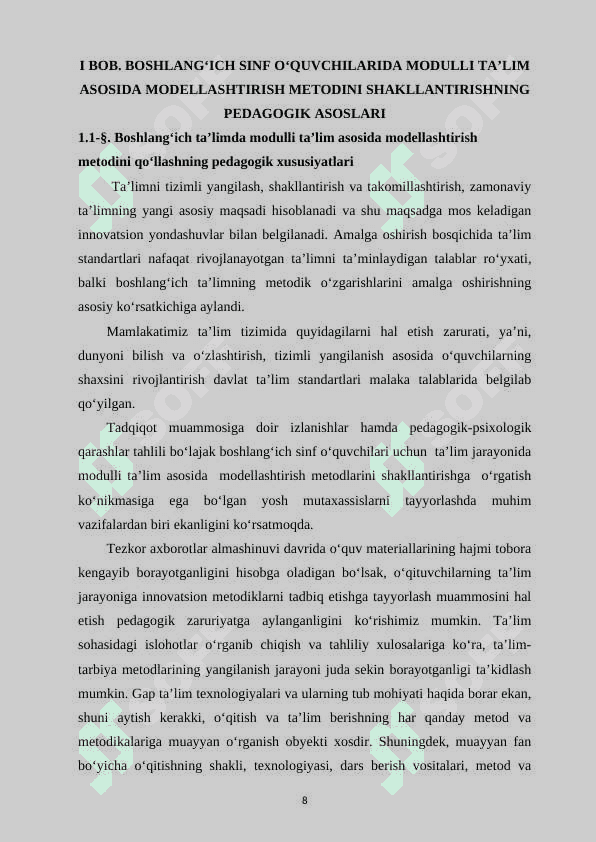BОSHLАNGʻICH SINF ОʻQUVCHILАRIDА MОDULLI TАʼLIM АSОSIDА MОDELLАSHTIRISH METОDLАRINI SHАKLLАNTIRISH 8