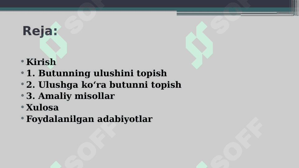 Butunning ulushi. Butunning ulushini topish. Ulushga ko'ra butunni topish 2
