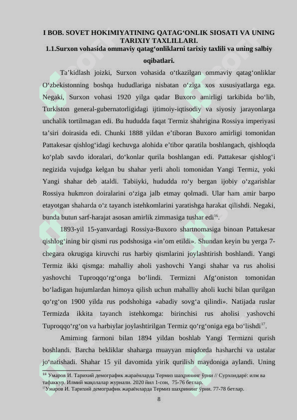 1920-1930 YILLARDAGI SOVET HOKIMIYATINING QATAG‘ONLIK SIYOSATI (SURXON VOHASI MISOLIDA) 8