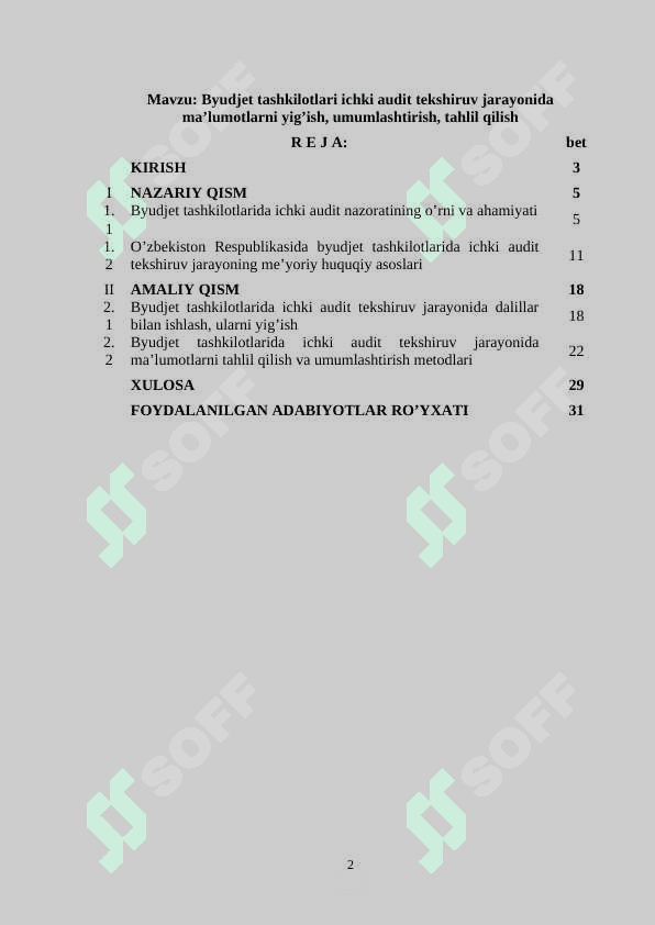 Byudjet tashkilotlari ichki audit tekshiruv jarayonida ma’lumotlarni yig’ish, umumlashtirish, tahlil qilish 2