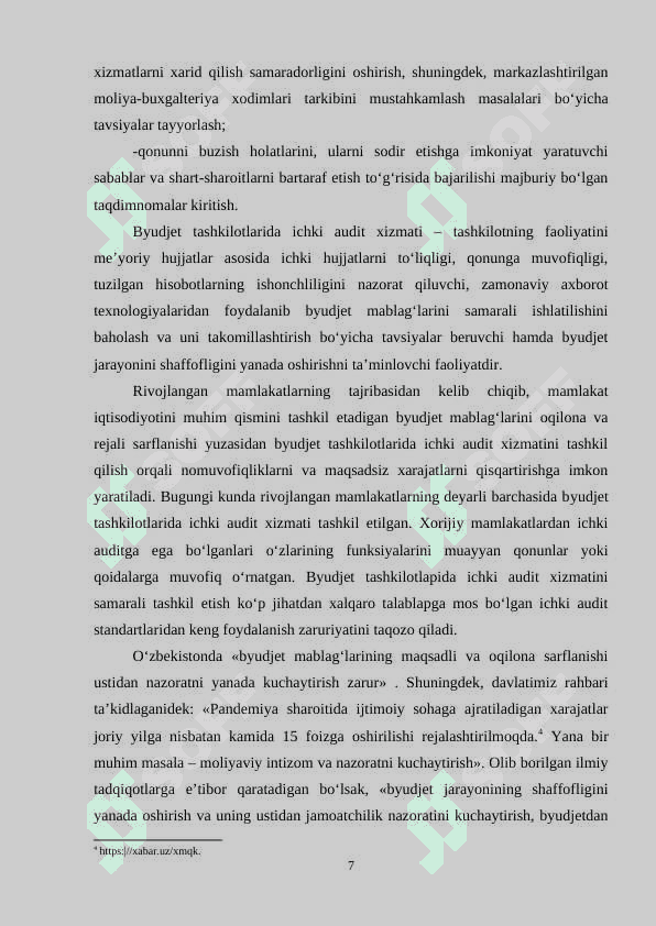 Byudjet tashkilotlari ichki audit tekshiruv jarayonida ma’lumotlarni yig’ish, umumlashtirish, tahlil qilish 7