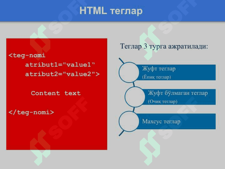 HTML тилига кириш. HTML хужжатининг умумий структураси ва унинг асосий теглари 5