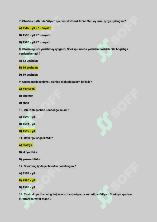 Adabiyot fani / Vilyam Shekspir hayoti va ijodi boʻyicha / test savollari / javoblari bilan / 25 ta 2