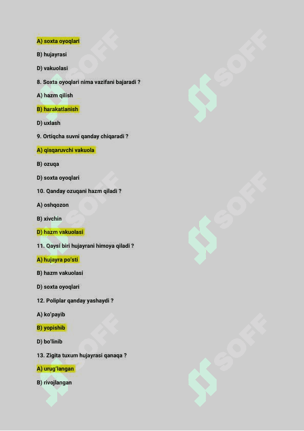 Zoologiya | 7-sinf | Test savollari | Javoblari bilan | 20 ta 2