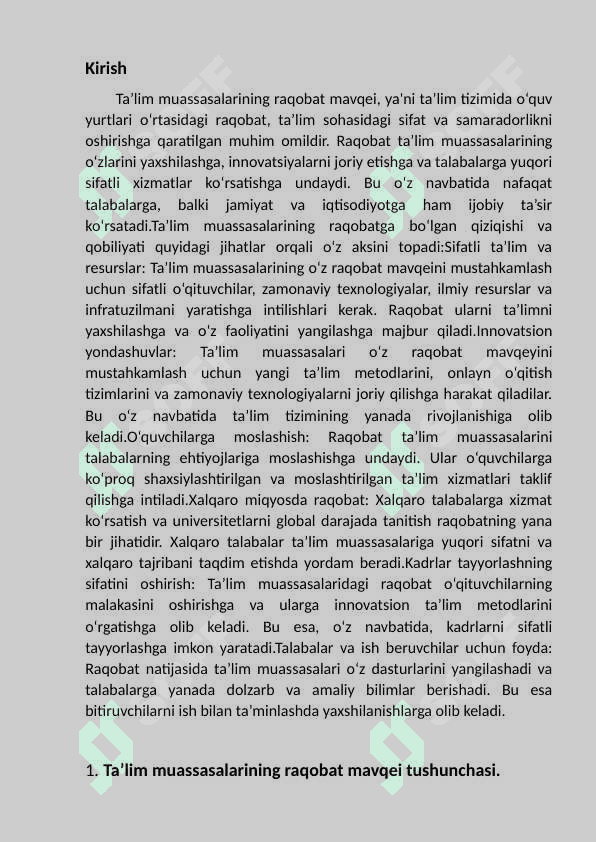 Ta’lim muassasalarning raqobat mavqei. 2