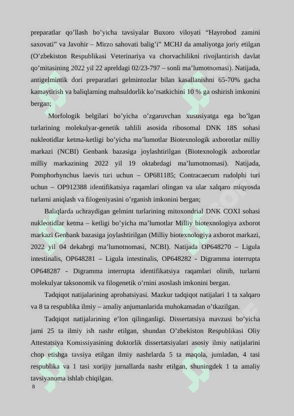 Buxoro viloyati suv havzalari baliqlari gelmintlarining ekologik- faunistik 8