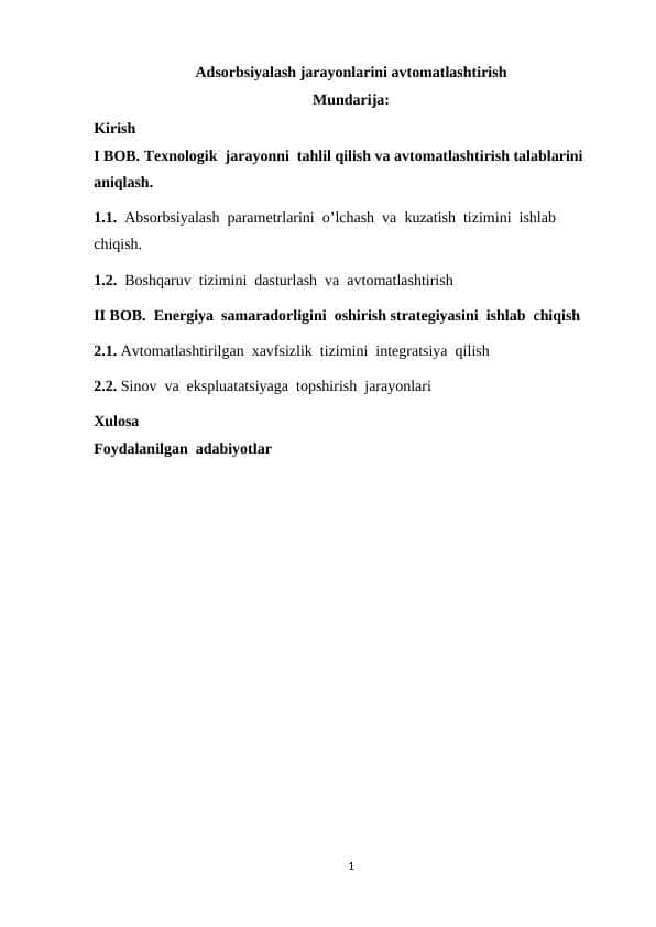 Adsorbsiyalash jarayonlarini avtomatlashtirish