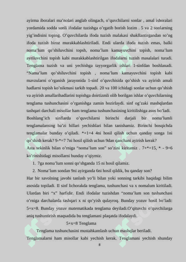 BOSHLANG'ICH  SINF  MATEMATIKA  KURSIDA TENGLAMALAR VA ULARNI O‘RGANISH METODIKASI 8