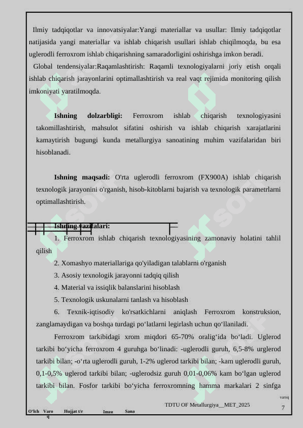 Oʻrta uglerodli ferroxrom (фх100) olish texnologiyasini tanlash va hisoblash 6