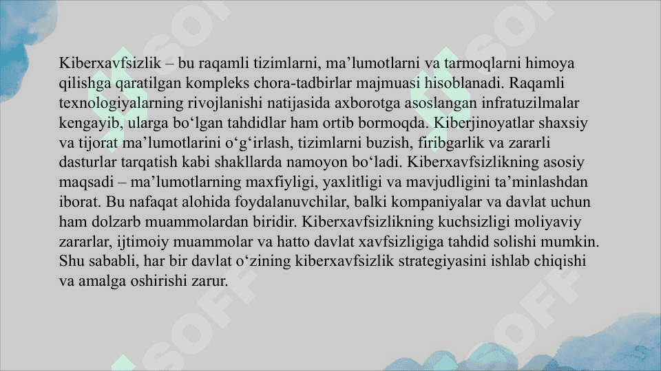 Kiber jinoyatchilik tushunchasi. Milliykiberxavfsizlik va axborot xavfsizligi strategiyalari. 6