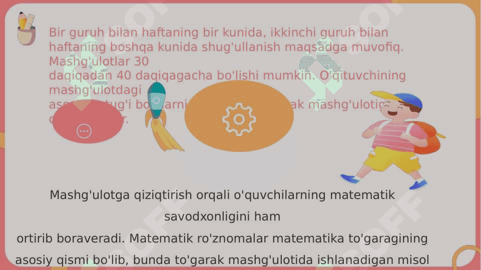 Matematik togarakni o'tkazish metodikasi. Boshlang'ich sinflarda sinfdan tashqari ishning xususiyatlari 4