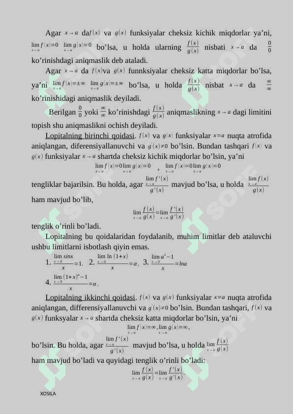 Aniqmasliklarni ochish. Lopital qoidasi 4