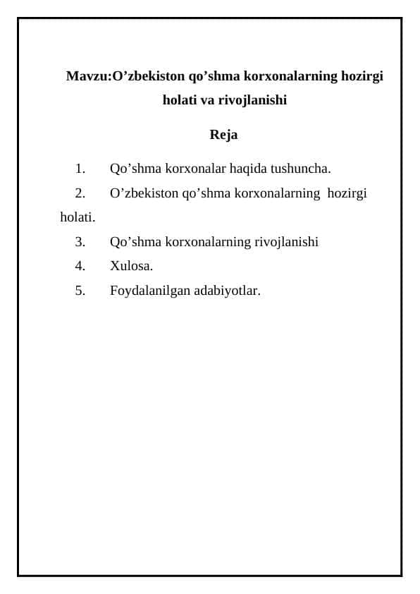O’zbekiston qo’shma korxonalarning hozirgi holati va rivojlanishi