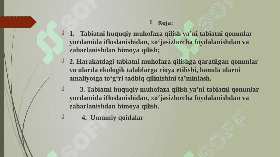 O‘zbekiston Respublikasida atrof-muhitni muhofaza qilish bo‘yicha qabul qilingan qaror va qonunlar 2