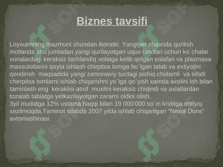 СHIQINDILARNI QAYTA  ISHLAB CHIQARISH BO`YICHA бизнес режа 4