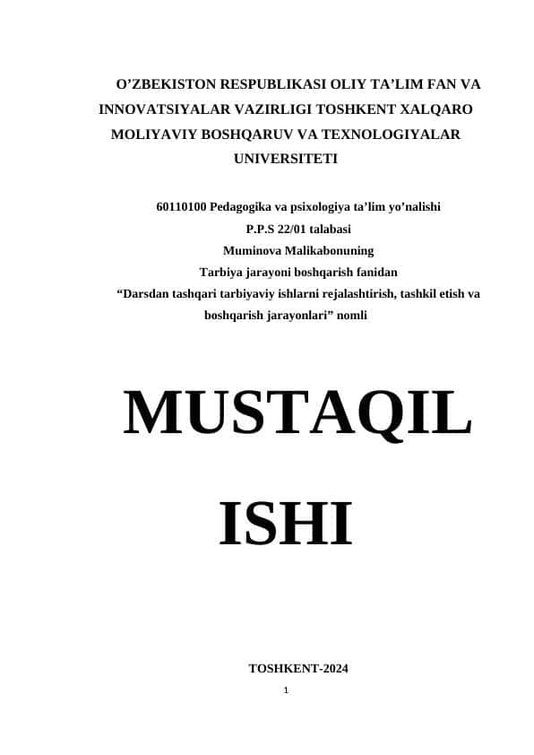 Darsdan tashqari tarbiyaviy ishlarni rejalashtirish, tashkil etish va boshqarish jarayonlari