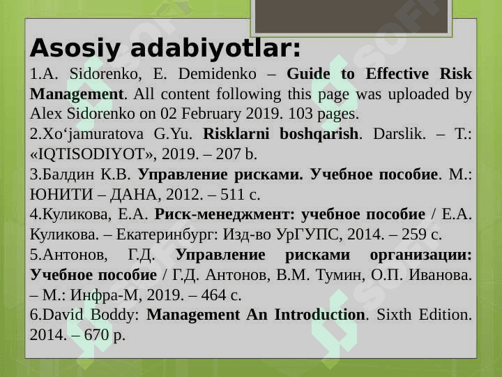 RISKLARNI BOSHQARISH USULLARI 3