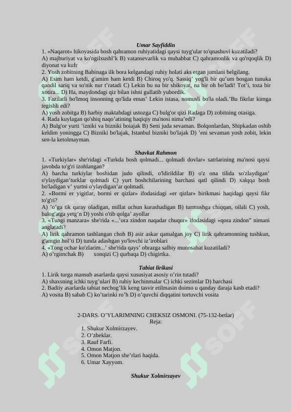 7-sinflar uchun adabiyot fanidan test savollari  javoblari bilan 3