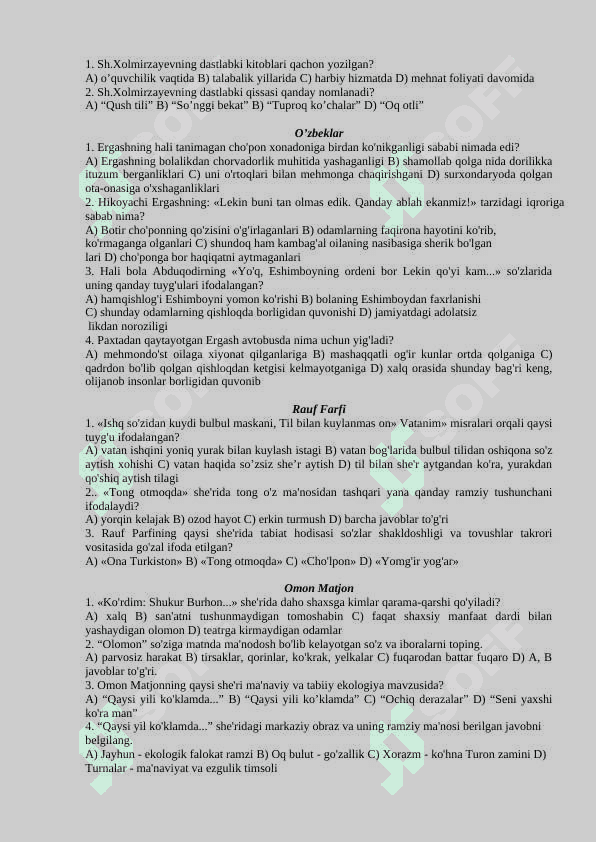 7-sinflar uchun adabiyot fanidan test savollari  javoblari bilan 4