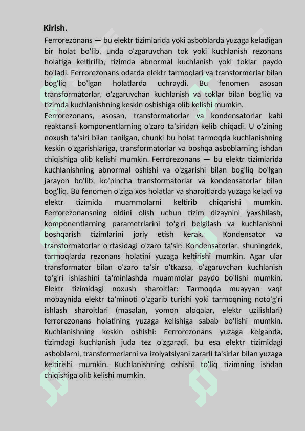 Toklar va Kuchlanishlar ferrorezanansi. 2