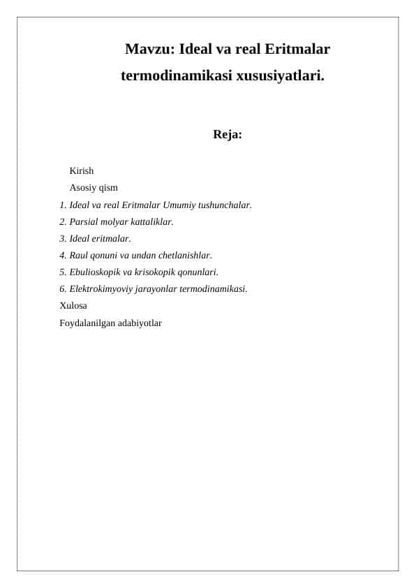 Ideal va real Eritmalar termodinamikasi xususiyatlari