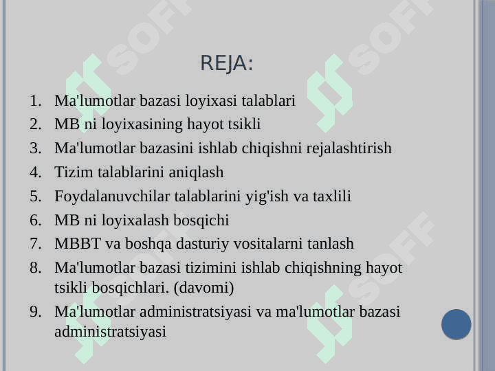 Ma'lumotlar bazasini rejalashtirish, loyihalash va administratsiyalash 2