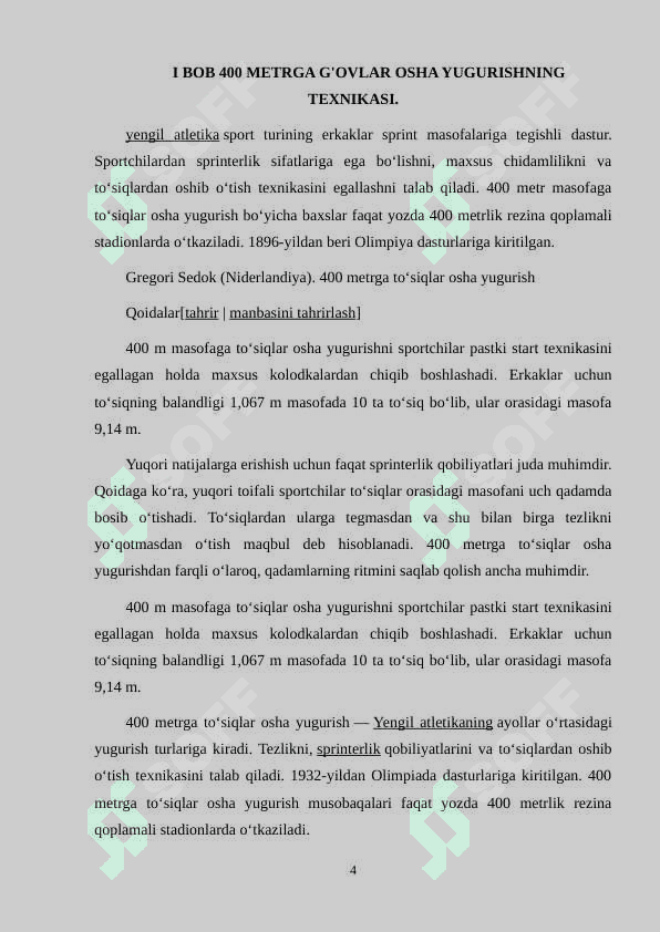 400 METRGA G'OVLAR OSHA YUGURISHNING TEXNIKASI VA SPORT MASHG'ULOTLARI TUZILISHI. 4