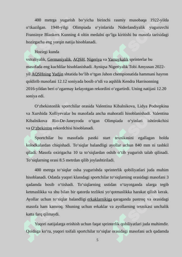 400 METRGA G'OVLAR OSHA YUGURISHNING TEXNIKASI VA SPORT MASHG'ULOTLARI TUZILISHI. 5