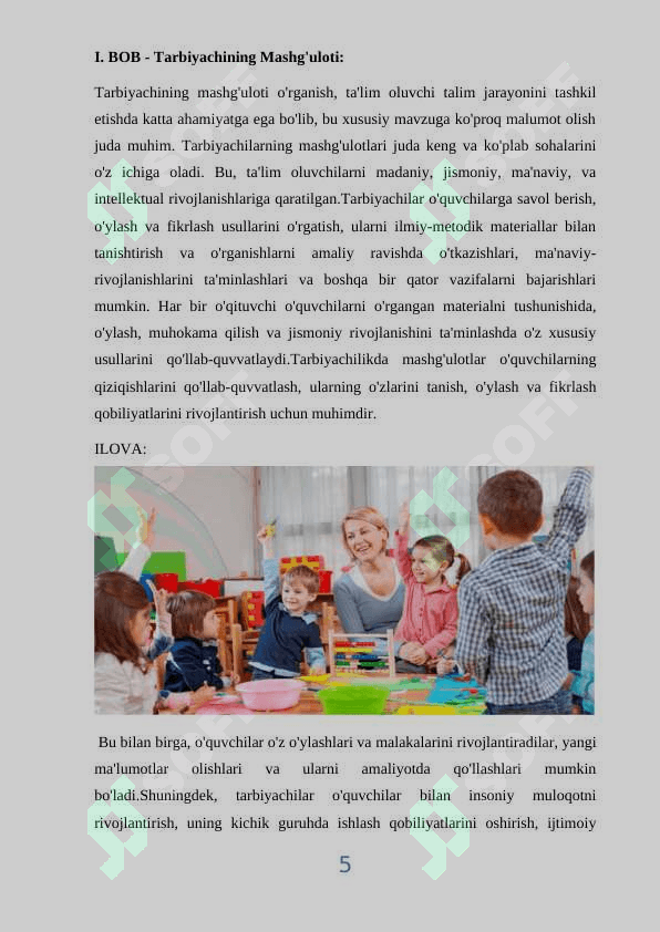 Maktabgacha ta'lim tashkilotlaruda tarbiyachining mashg'ulot jarayonida turli xil o'yinlardan foydalanishining ahamiyati. 5
