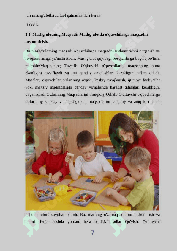 Maktabgacha ta'lim tashkilotlaruda tarbiyachining mashg'ulot jarayonida turli xil o'yinlardan foydalanishining ahamiyati. 7