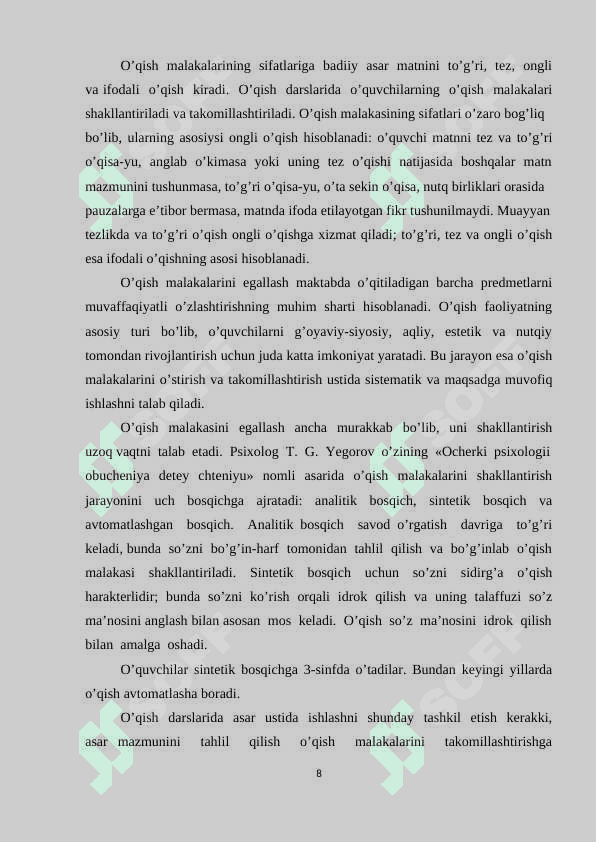 Boshlang`ich  sinf  o`qish  dasrlarida  badiiy  asar  ustida  ishlash. 8