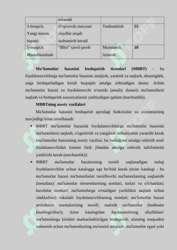 "Ma’lumotlar bazasini boshqarish tizimlari. Ma’lumotlar bazasini rejalashtirish, loyihalash" ma'ruza matni 2