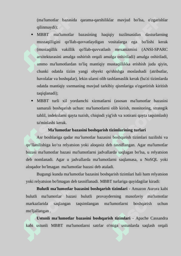 "Ma’lumotlar bazasini boshqarish tizimlari. Ma’lumotlar bazasini rejalashtirish, loyihalash" ma'ruza matni 4