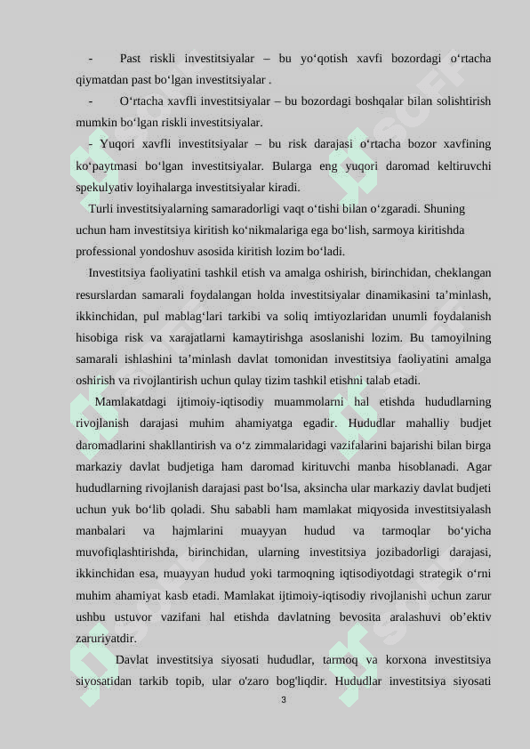Davlatning tarkibiy-investitsiyaviy siyosati. Iqtisodiyotning tarkibiy tuzilishi. Oʻzbekistonda kichik biznes va xususiy tadbirkorlik faoliyatining davlat tomonidan tartibga solinishi. Davlatning tabiiy resurslardan foydalanish jarayonlarini tartibga solishi va ekologiya sohasidagi siyosati. 3