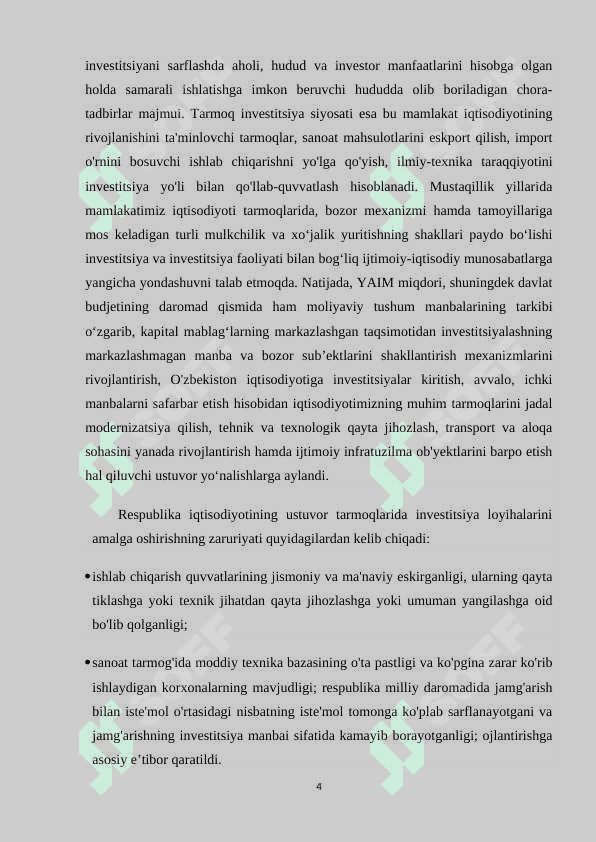 Davlatning tarkibiy-investitsiyaviy siyosati. Iqtisodiyotning tarkibiy tuzilishi. Oʻzbekistonda kichik biznes va xususiy tadbirkorlik faoliyatining davlat tomonidan tartibga solinishi. Davlatning tabiiy resurslardan foydalanish jarayonlarini tartibga solishi va ekologiya sohasidagi siyosati. 4