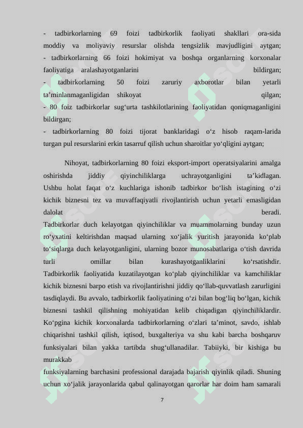 Davlatning tarkibiy-investitsiyaviy siyosati. Iqtisodiyotning tarkibiy tuzilishi. Oʻzbekistonda kichik biznes va xususiy tadbirkorlik faoliyatining davlat tomonidan tartibga solinishi. Davlatning tabiiy resurslardan foydalanish jarayonlarini tartibga solishi va ekologiya sohasidagi siyosati. 7