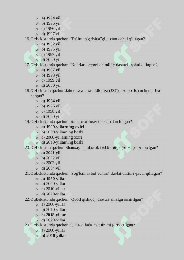 O'ZBEKISTON RESPUBLIKASINING MUSTAQILLIK DAVRIDAGI ASOSIY ISHLARINI QAMRAB OLGAN 120 TA TEST 3