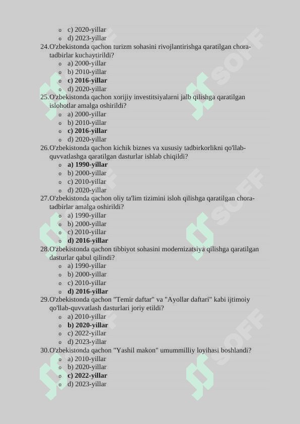 O'ZBEKISTON RESPUBLIKASINING MUSTAQILLIK DAVRIDAGI ASOSIY ISHLARINI QAMRAB OLGAN 120 TA TEST 4
