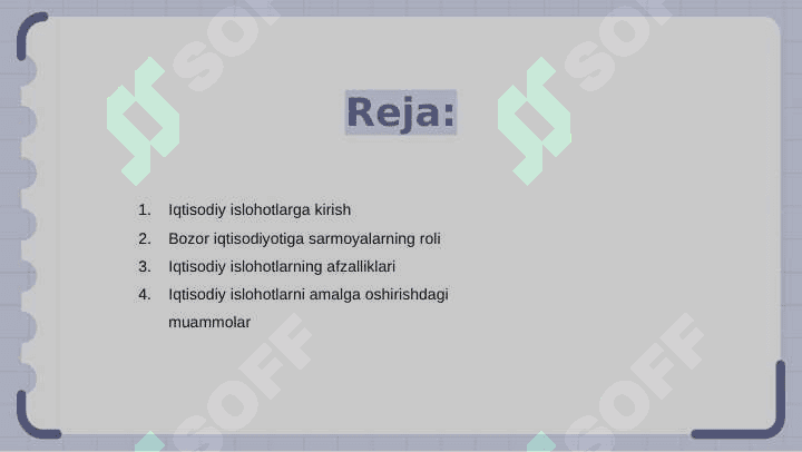 Iqtisodiy islohotlar. Investitsiyalarning bozor iqtisodiyotidagi ahamiyati 2