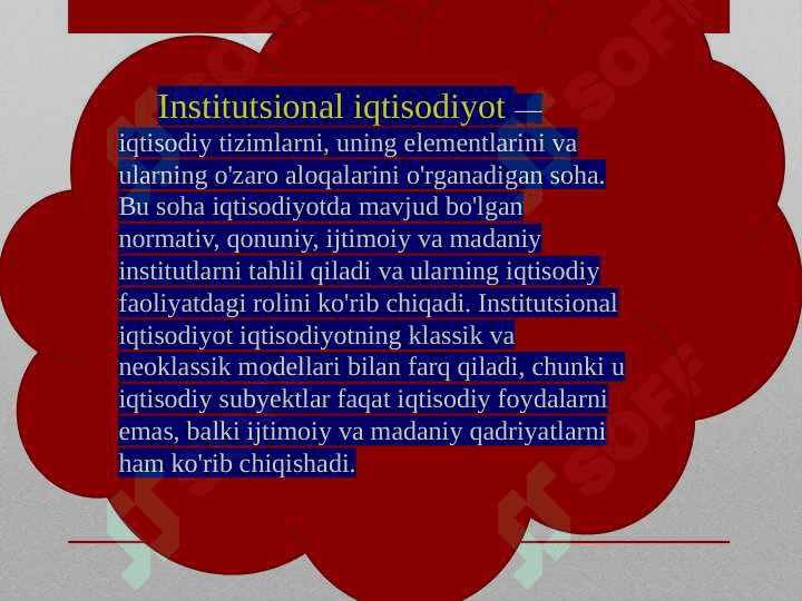 “Institutsional iqtisodiyot” fanining predmeti va mazmuni, tamoyillari. Institutlar va ularning jamiyat rivojlanishidagi roli. T.Veblen va Dj.Kommonsa institusional konsepsiyalari 3
