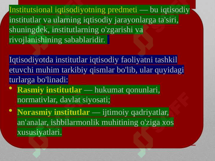 “Institutsional iqtisodiyot” fanining predmeti va mazmuni, tamoyillari. Institutlar va ularning jamiyat rivojlanishidagi roli. T.Veblen va Dj.Kommonsa institusional konsepsiyalari 4