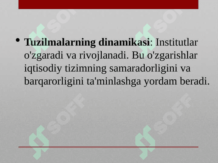 “Institutsional iqtisodiyot” fanining predmeti va mazmuni, tamoyillari. Institutlar va ularning jamiyat rivojlanishidagi roli. T.Veblen va Dj.Kommonsa institusional konsepsiyalari 8