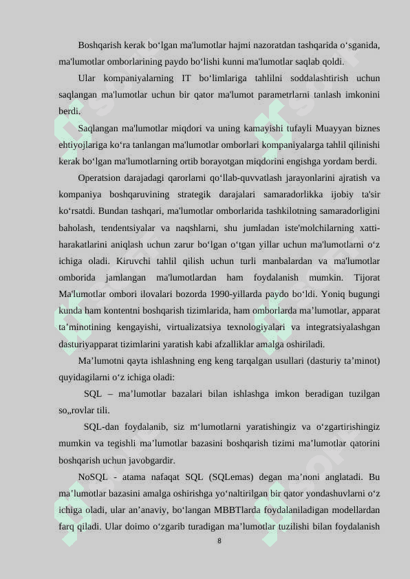 Katta ma'lumotlarni boshqarish tizimlari 8
