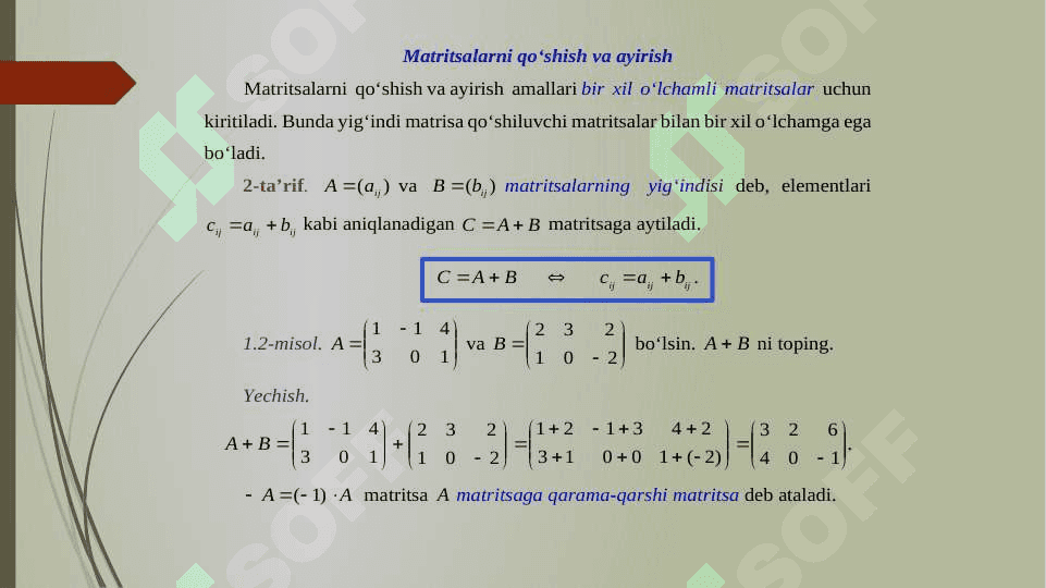 MatriTsalar. ASOSIY TUSHUNCHA VA TA’RIflar. matritsalar ustida amallar. iqtisodiy masalalarni modellashtirishda matritsalarning o’rni. 7