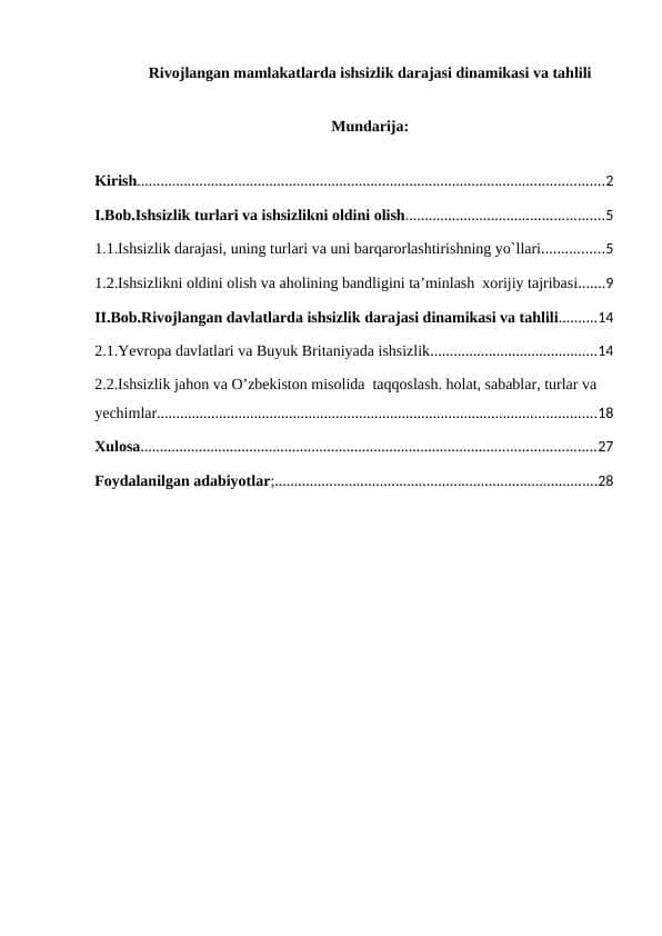 Rivojlangan mamlakatlarda ishsizlik darajasi dinamikasi va tahlili