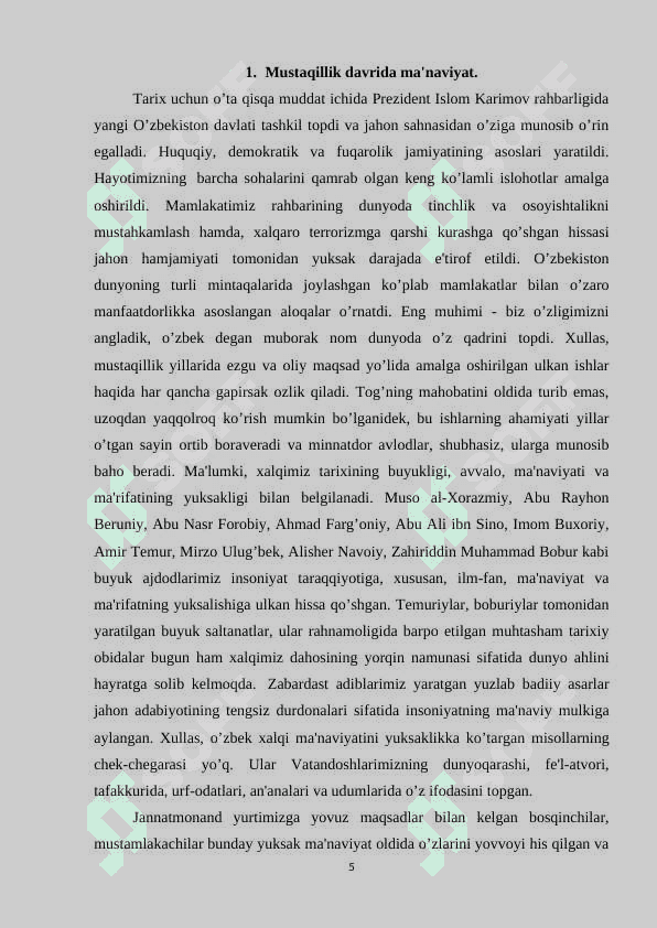 MILLIY MUSTAQILLIK SHAROITIDA MA’NAVIYAT MASALALARINING DOLZARBLASHUVI 5